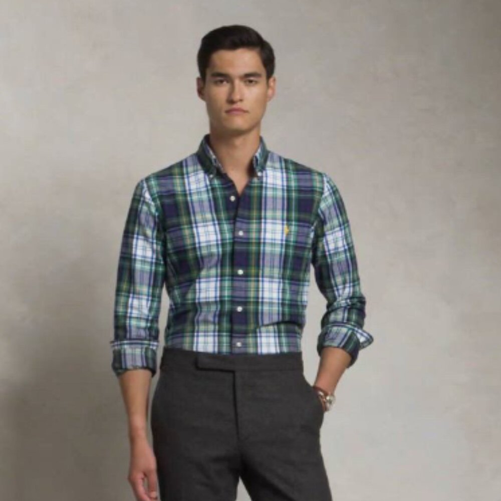 Men’s Polo Ralph Lauren Flannel Shirt – Green Plaid, Long Sleeve – Size L